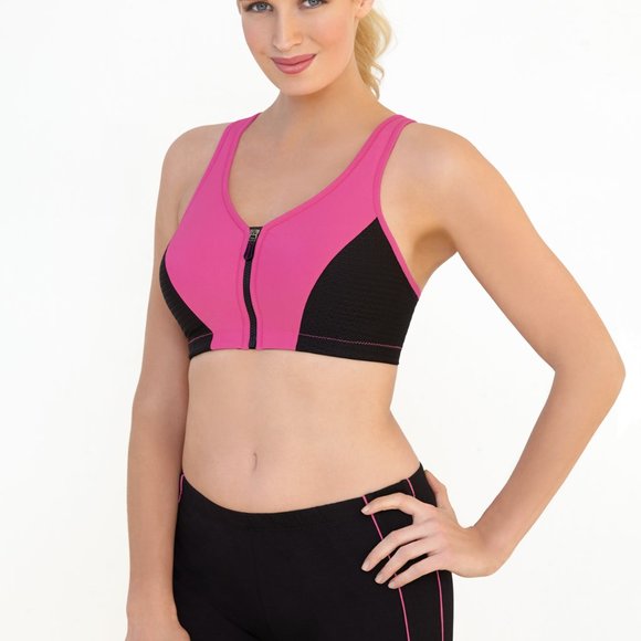 Glamorise SPORT Bra 42B (HIGH-IMPACT) Wicks! (RACERBACK) T-Back Zip-Up PINK New - Picture 8 of 16